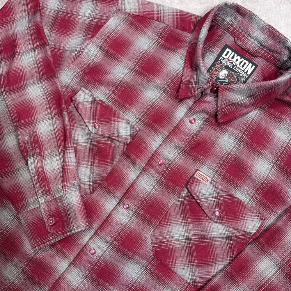 Dixxon Flannel Company Pinot Red Grey Plaid D-Tech Button Up Mens 2X Some stains